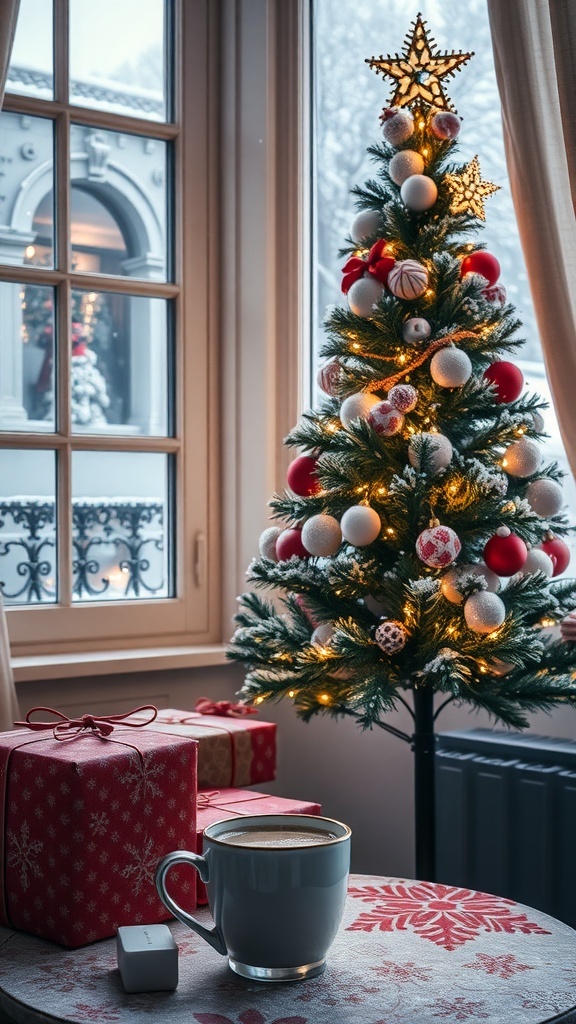 A decorated Christmas tree with gifts and a snowy window, creating a festive holiday scene.